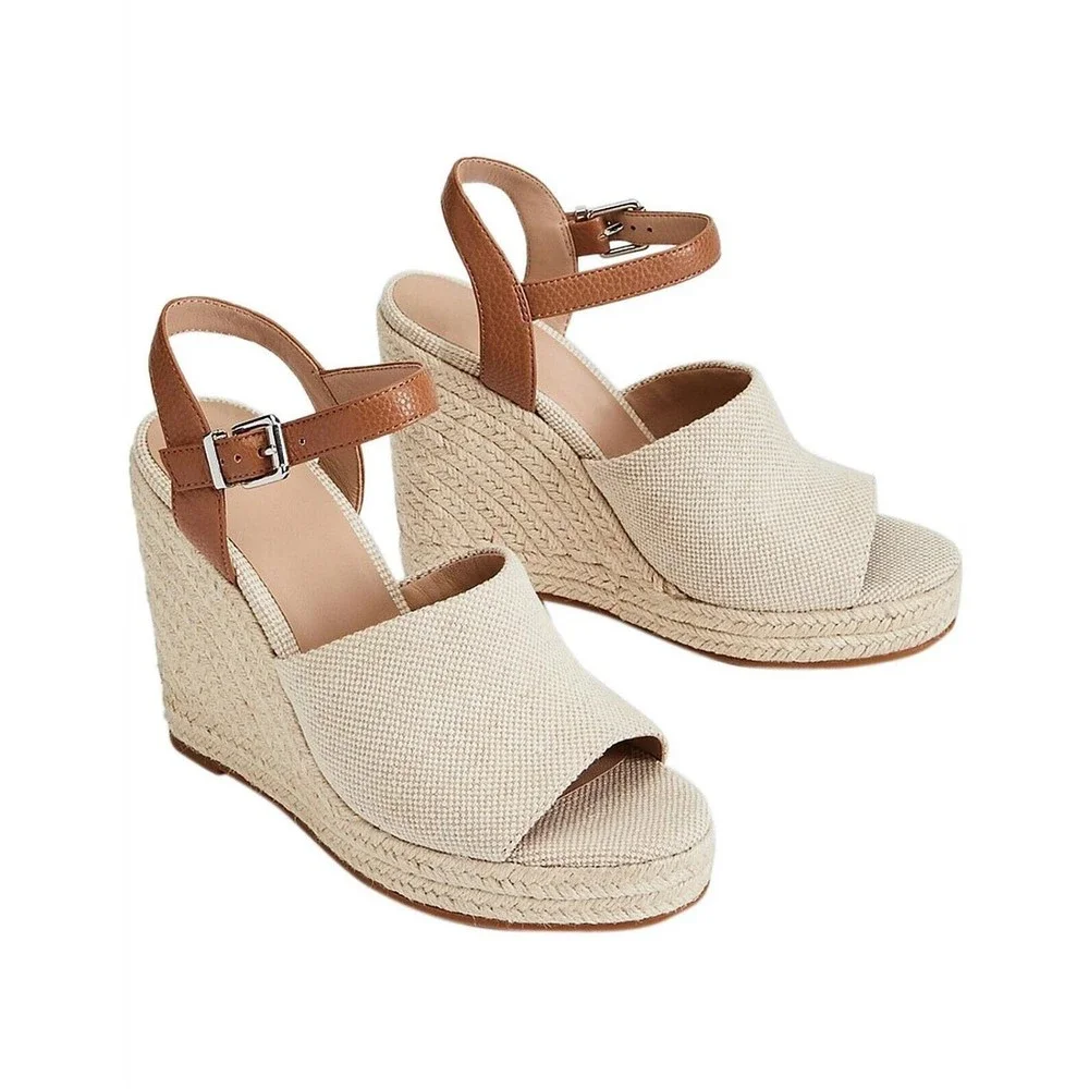 Witchery Juliet Espadrille Wedge Heel Sandals 40 US‎ 9.5 Cream Tan Ankle Strap